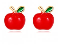 Christmas theme Red Apple Fruit Stud Earrings Adorned with Crystal with Silicone Coated Push Backs fo